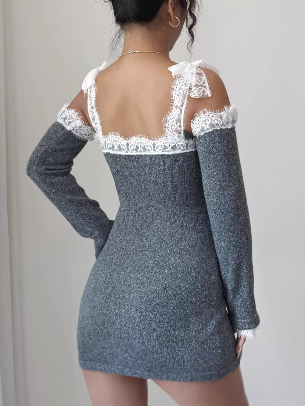 Elegant Crochet Off-Shoulder Lace Trimmed Knit Dress with Detachable Sleeves, image 6