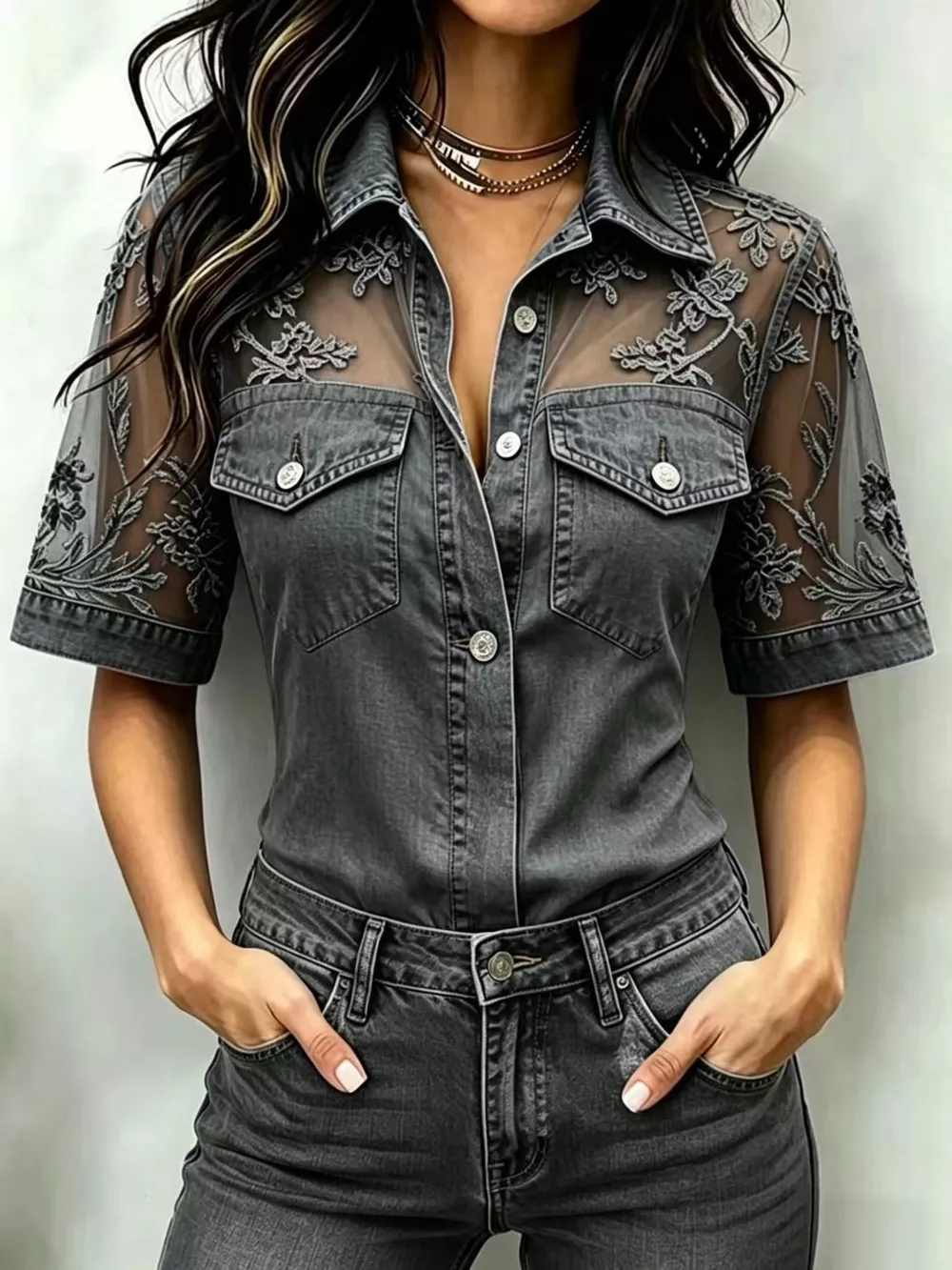 Full Size Denim Look Lace Short Sleeve Shirt Plus Size, image 8