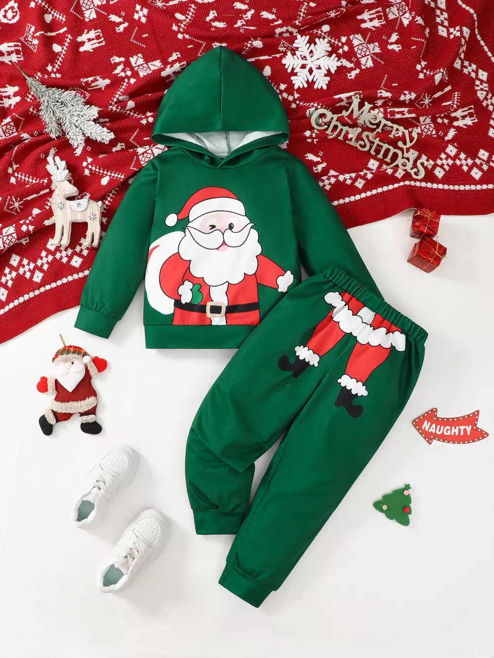 Children's Christmas Santa Claus Graphic Hooded Sweatshirt and Pants Set