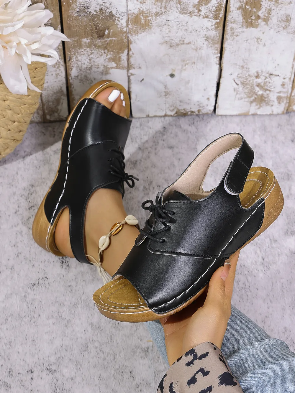 Casual Peep Toe Lace-up Comfort Sandals, image 6