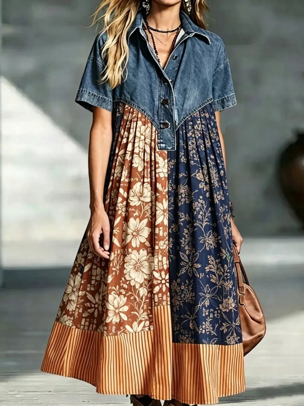 Full Size Denim Patchwork Printed Shirt Dress Plus Size, image 5
