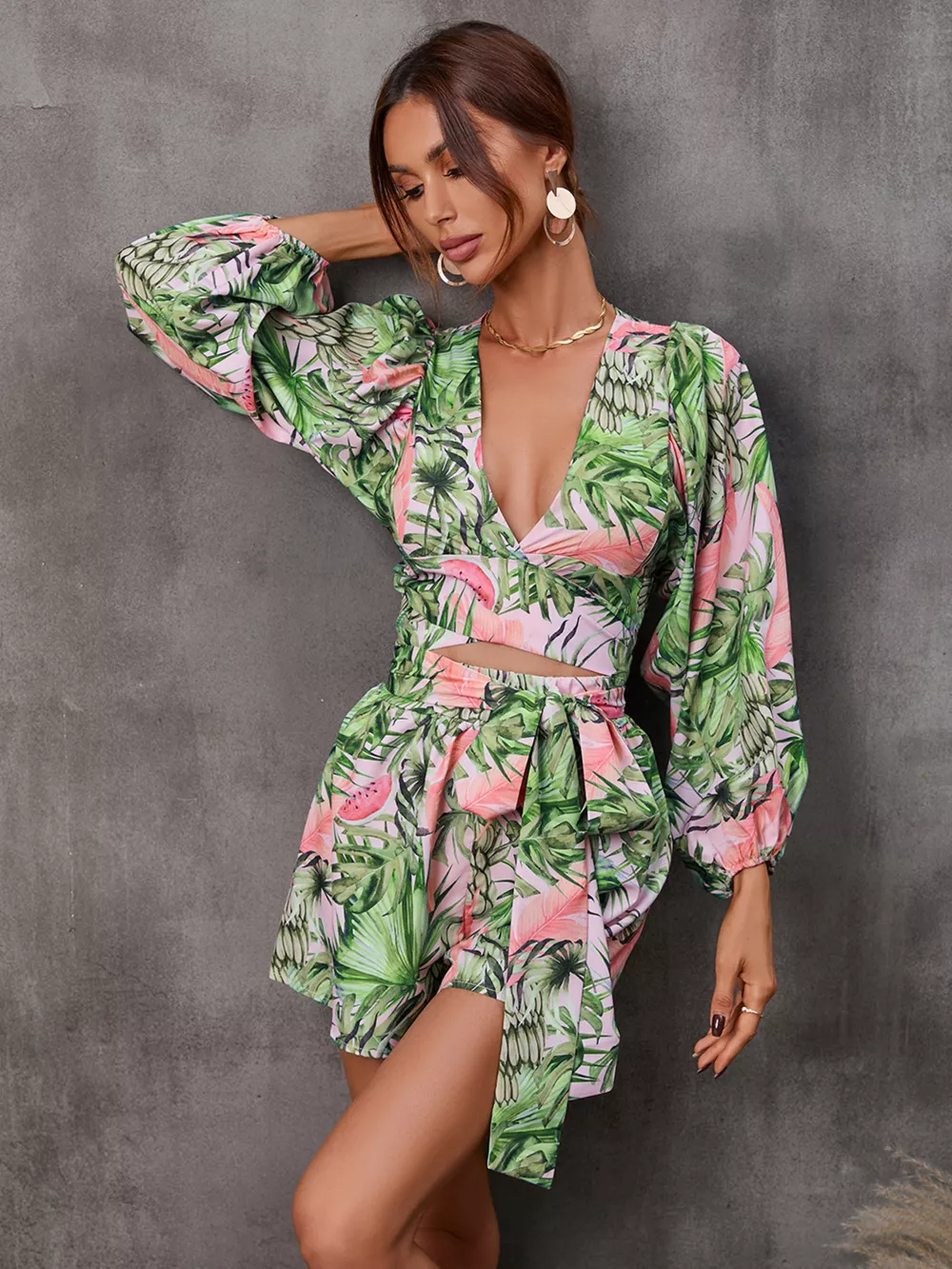 Cutout Front Printed Long Sleeve Romper, image 27