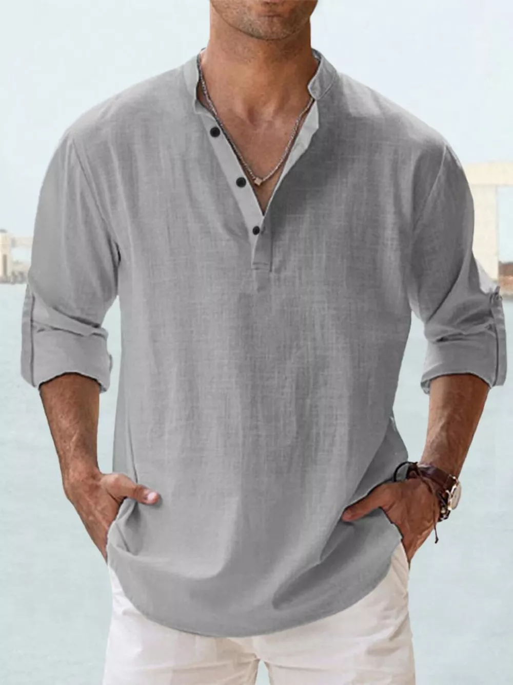 Men's Full Size Casual Button Detail Roll-Up Sleeve Blouse Plus Size, image 6