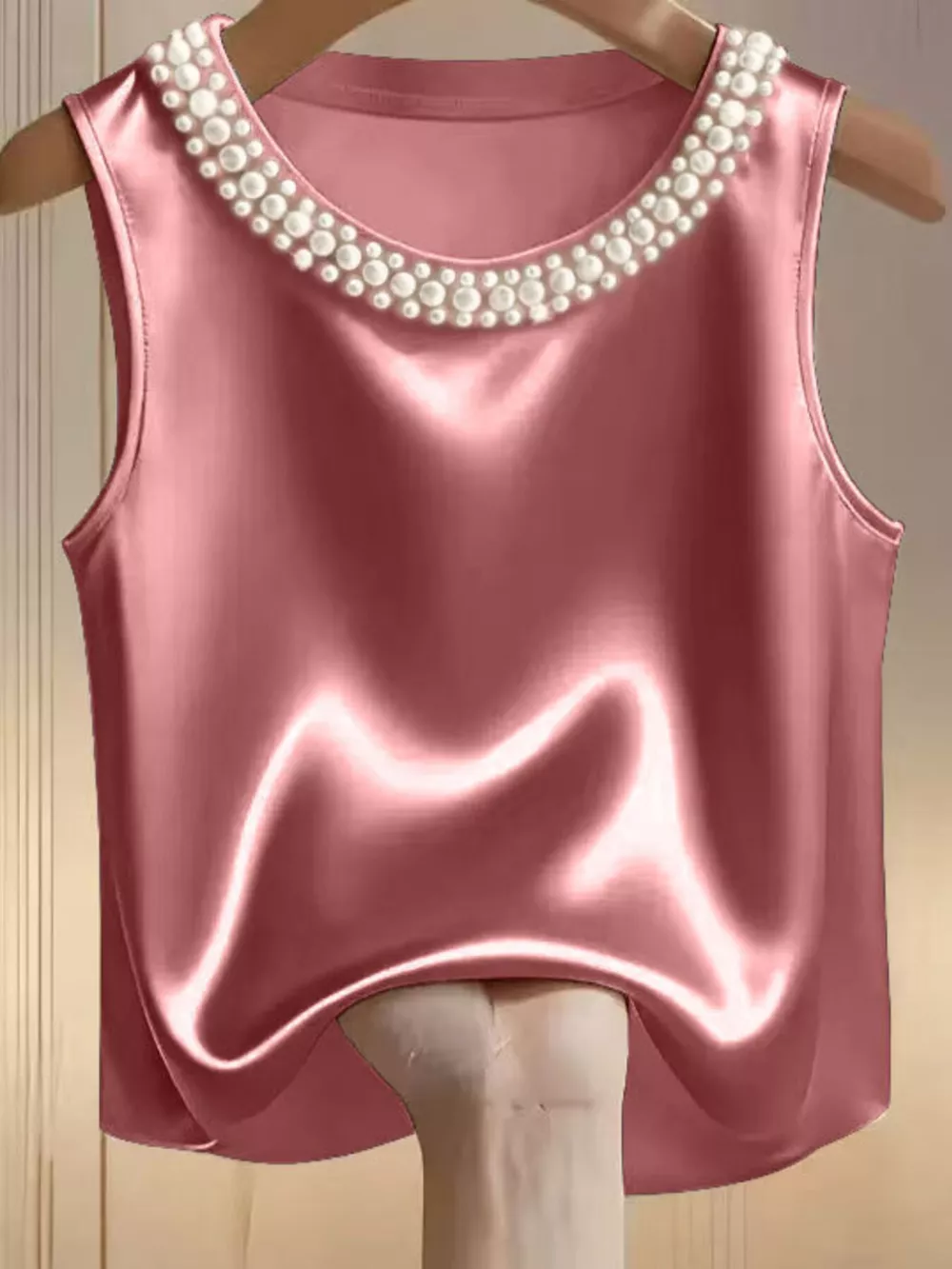 Pearl Embellished Satin Tank Top, image 9