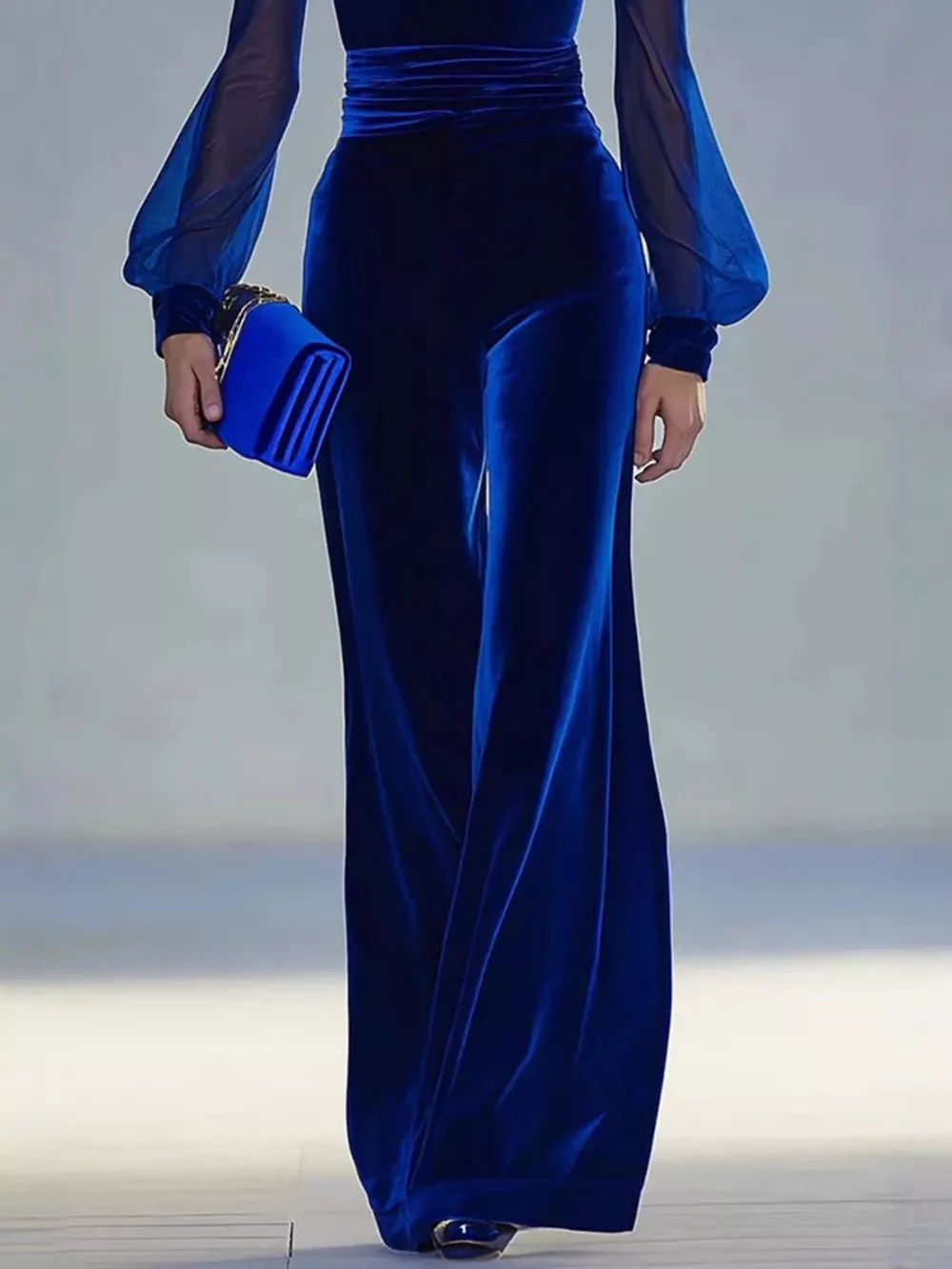 Velvet Wide Leg Jumpsuit with Sheer Sleeves, image 3