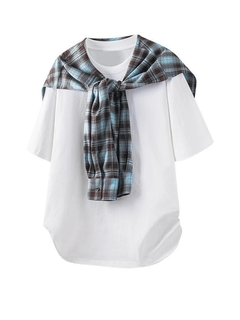 Men's Plus Size Layered Style T-Shirt with Plaid Scarf Detail, image 2