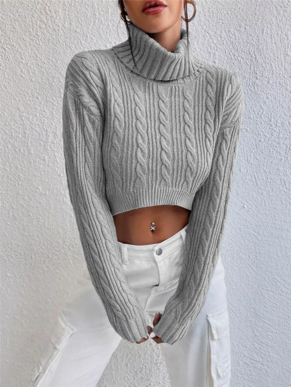 Cable-Knit Turtleneck Long Sleeve Sweater, image 7