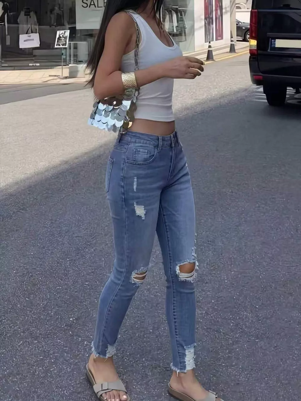 High-Waisted Distressed Skinny Jeans, image 3