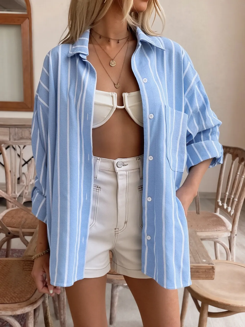 Striped Oversized Button-Down Shirt, image 4