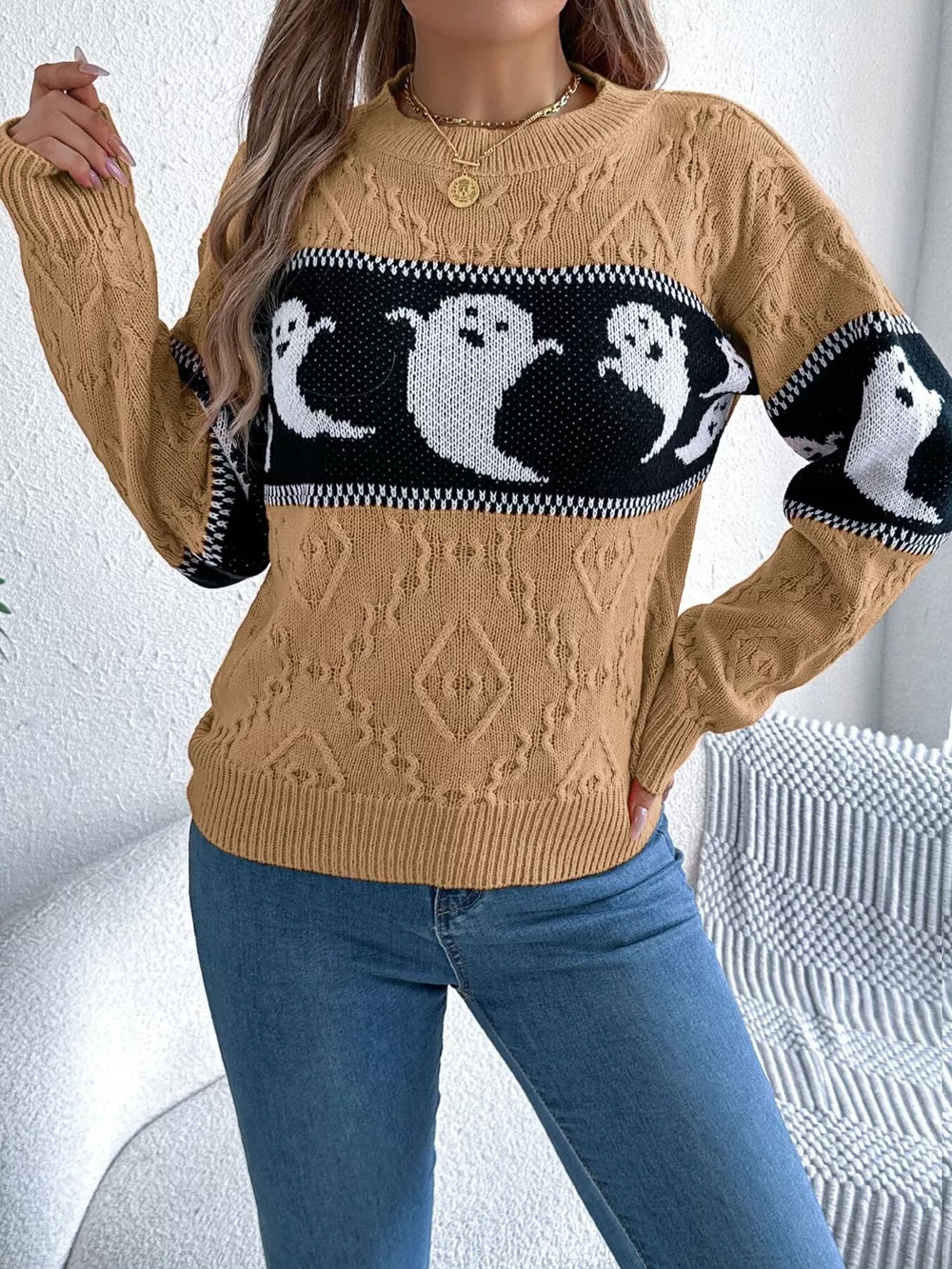 Halloween Ghost Pattern Textured Sweater, image 17