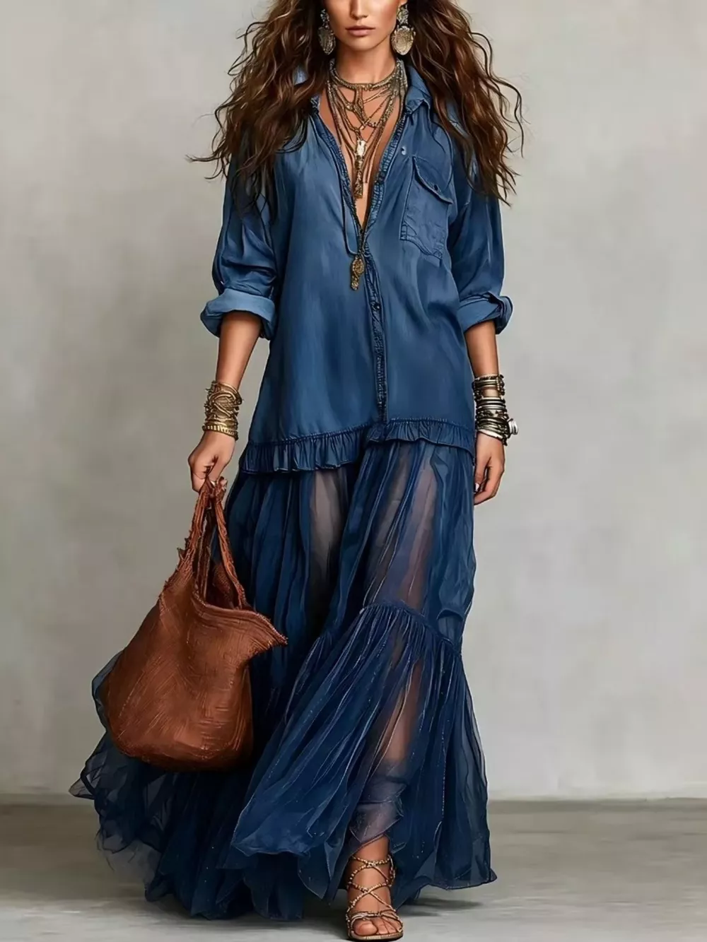 Full Size Tiered Long Sleeve Denim Shirt Maxi Dress Plus Size, image 5
