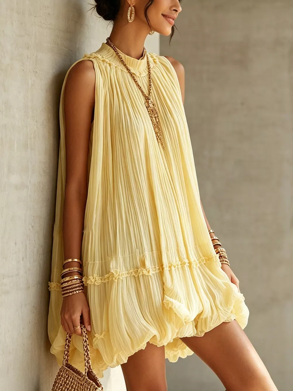 Pleated Mock Neck Sleeveless Mini Dress, image 6