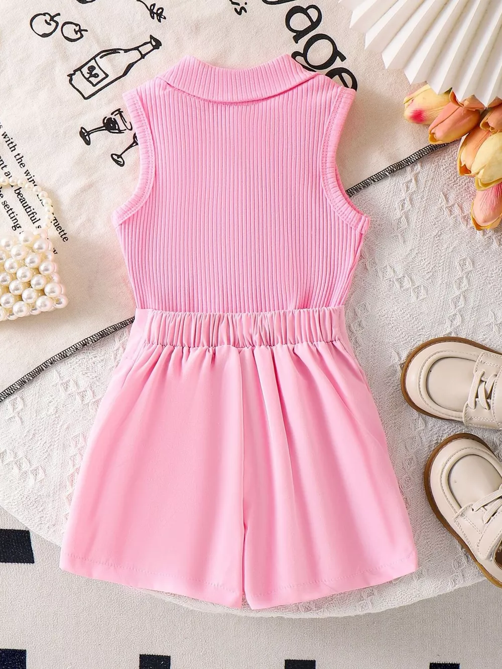 Children's Ribbed Knit Polo Top and Scalloped Pocket Shorts Set, image 5