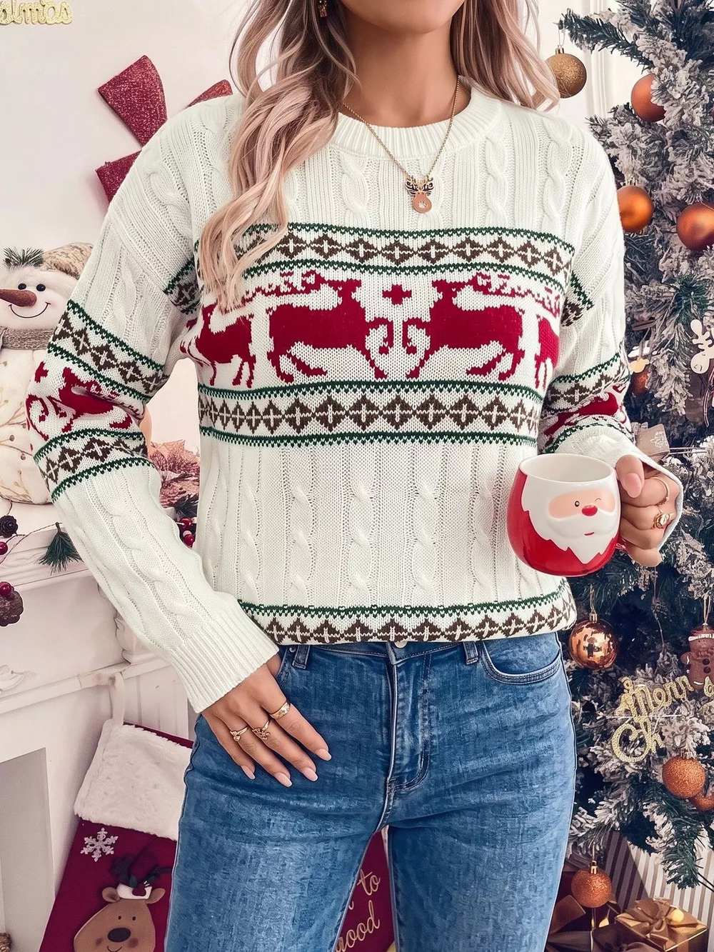 Christmas Reindeer Pattern Cable Knit Sweater, image 2