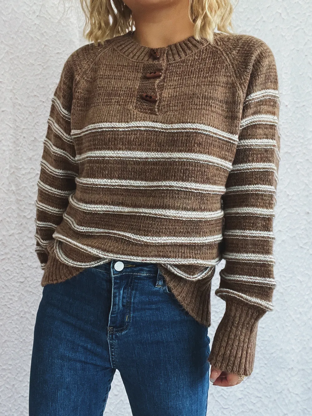 Striped Button Detail Long Sleeve Sweater, image 9