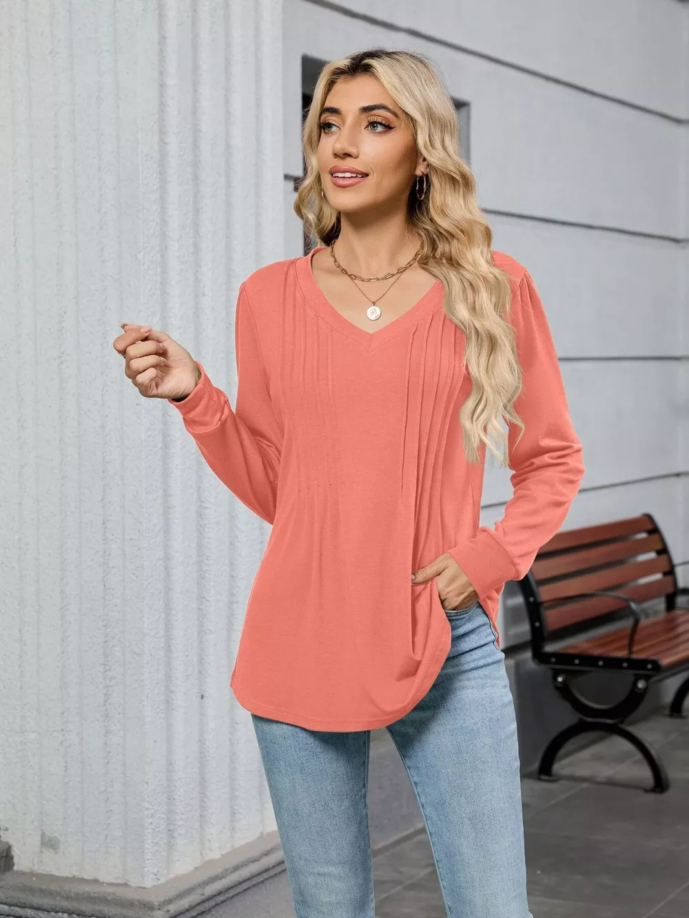 V-Neck Long Sleeve Relaxed Fit T-Shirt, image 28