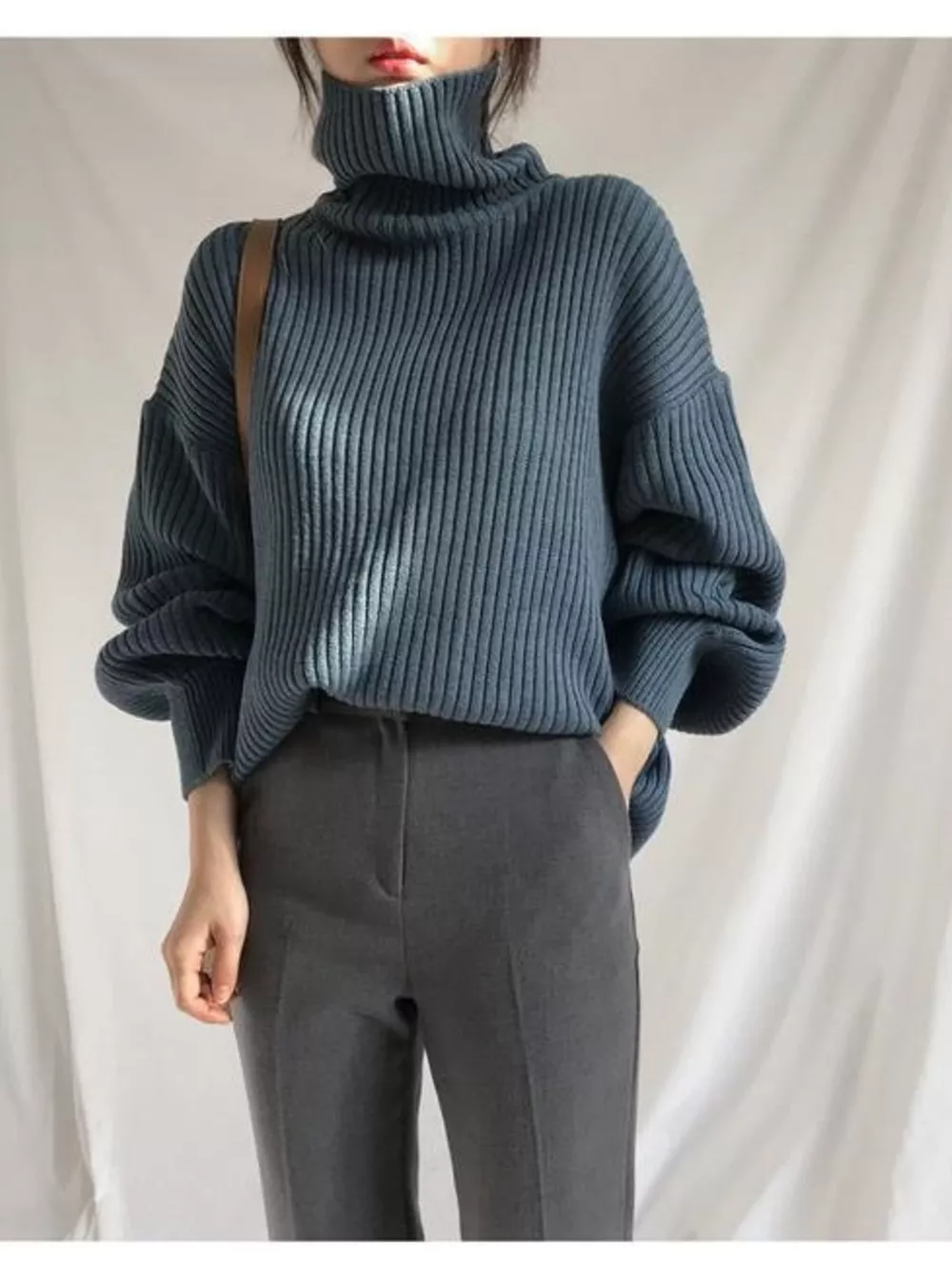 Oversized Turtleneck Ribbed Knit Sweater, image 11