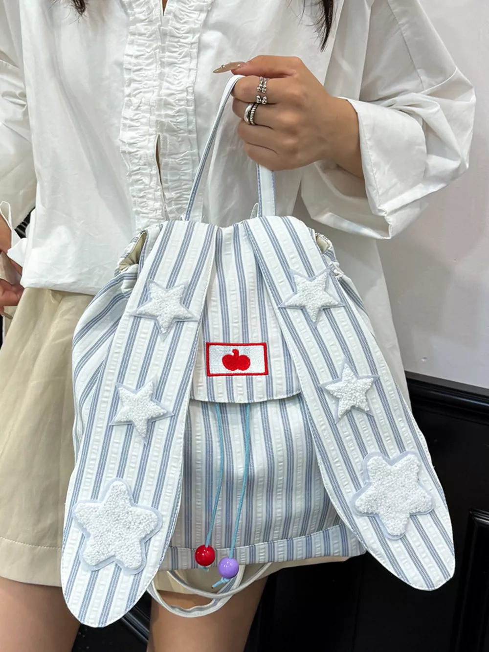 Striped Star Bunny Ear Backpack Bag, image 13
