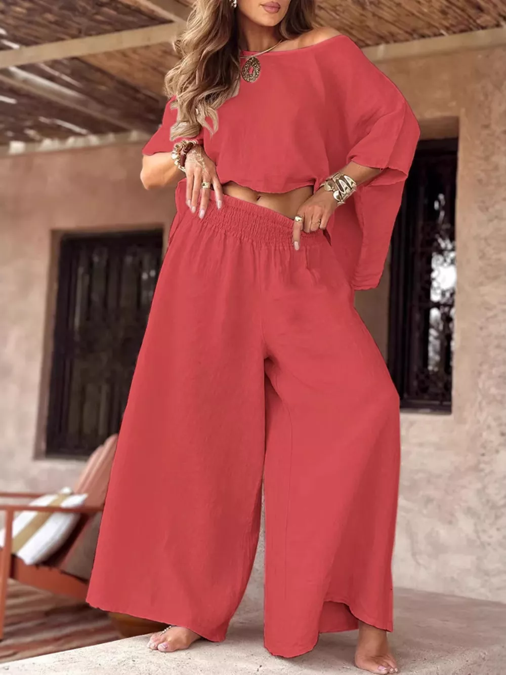Full Size Boat Neck Top and Wide Leg Pants Set Plus Size, image 14