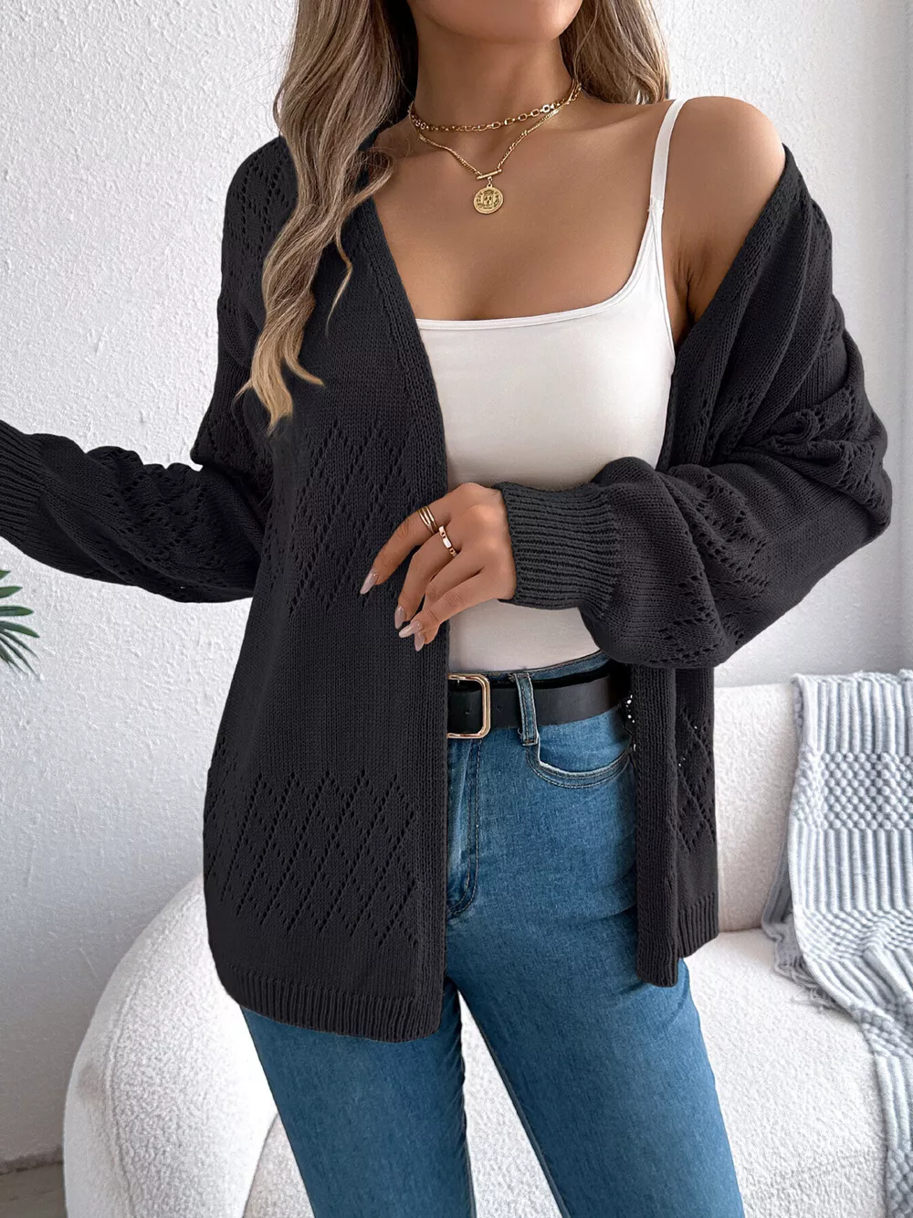 Openwork Open Front Long Sleeve Cardigan, image 9