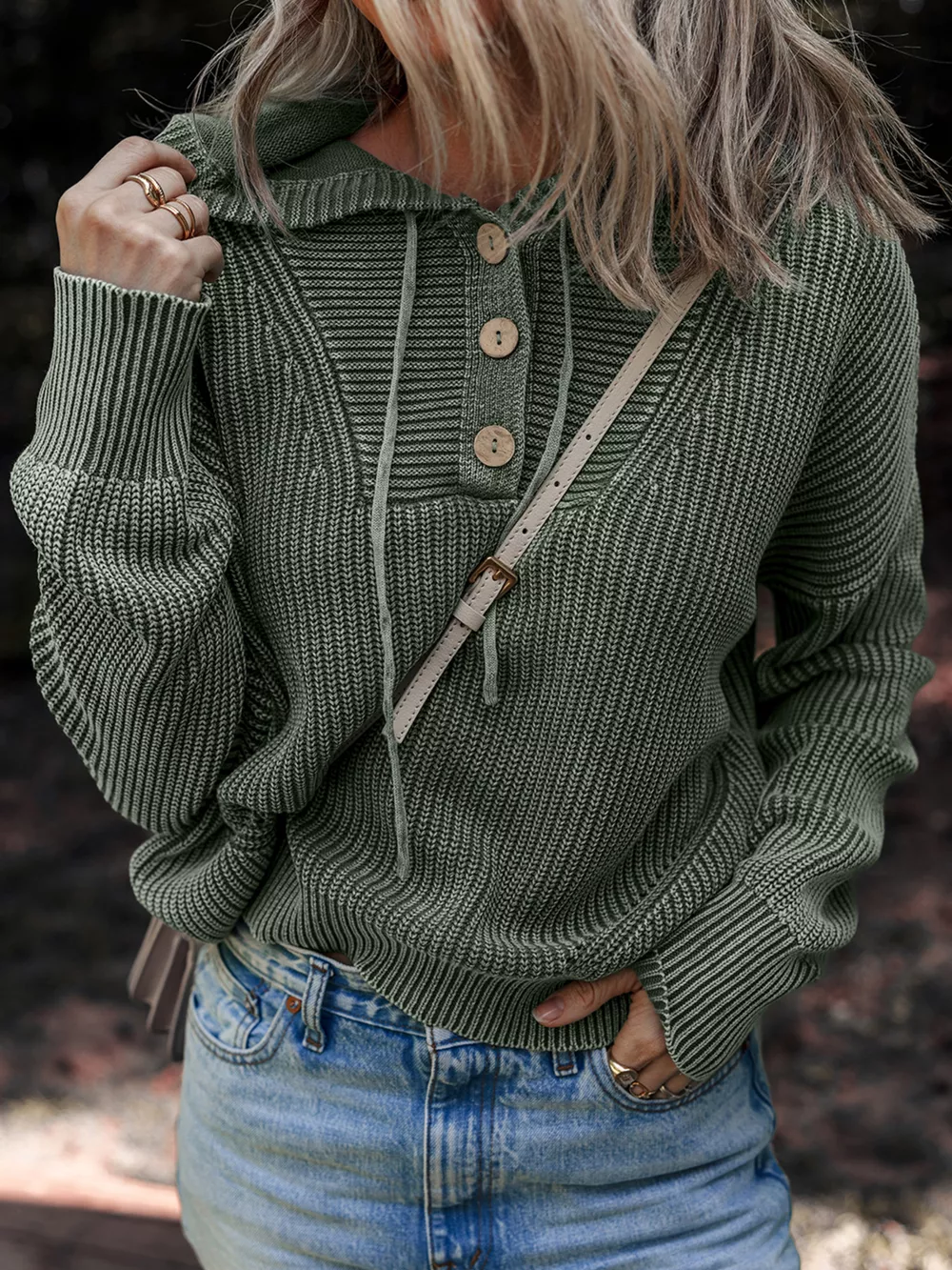 Mineral Wash Ribbed Knit Button Drawstring Neck Hooded Sweater, image 3