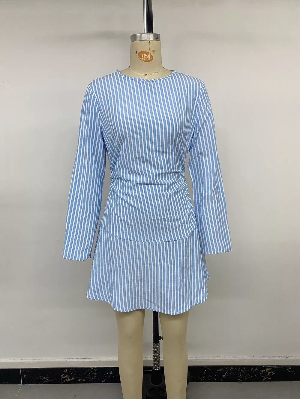Striped Long-Sleeve Ruched Mini Dress, image 11