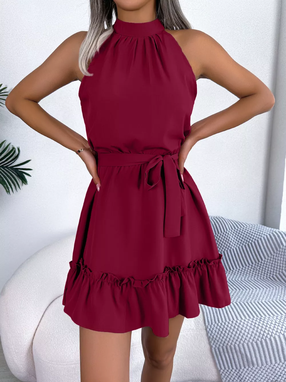 Halter Neck Ruffle Hem A-Line Dress, image 17