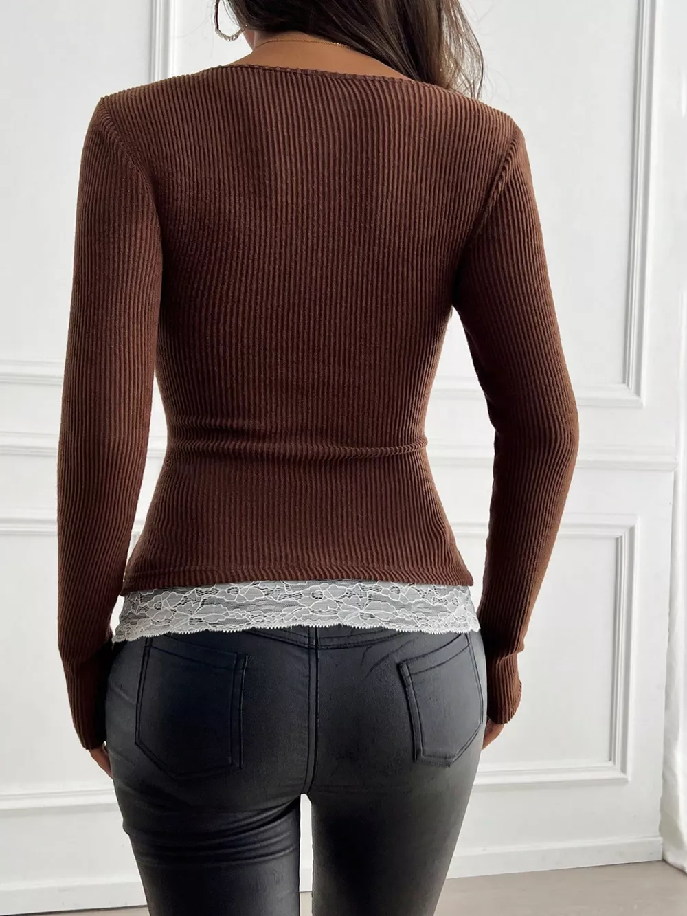 Lace Detail Long Sleeve Ribbed Top, image 7