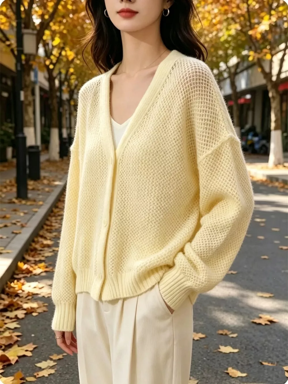 V-Neck Open-Knit Button-Down Cardigan, image 11