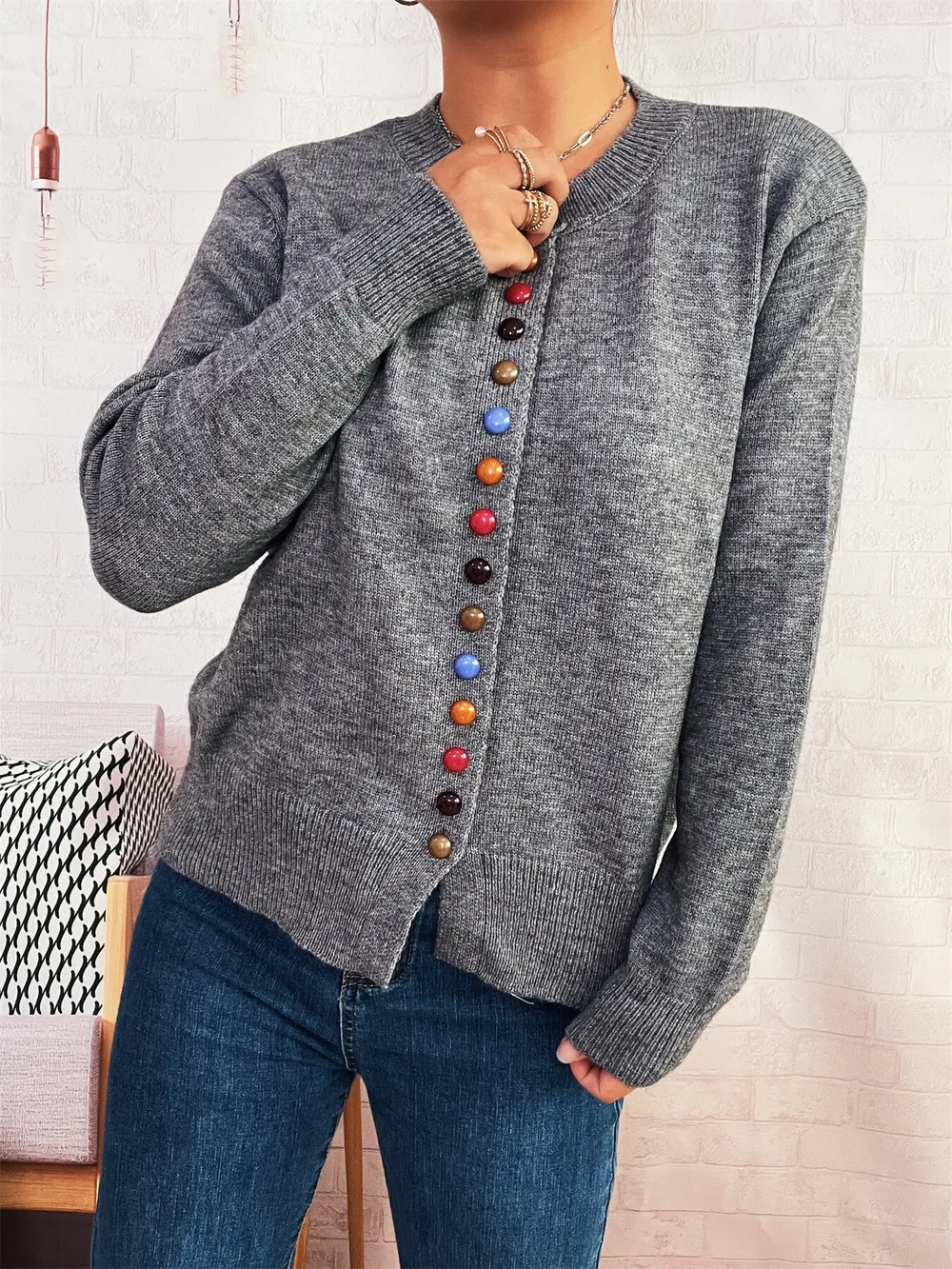 Button-Front Cardigan with Colorful Detail Buttons, image 28