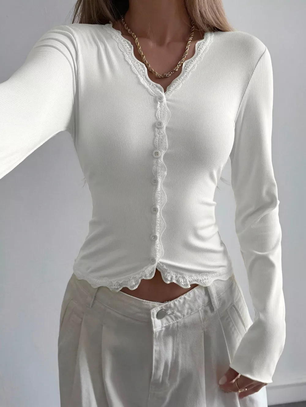 Lace Trim V-Neck Ribbed Long Sleeve Blouse, image 6