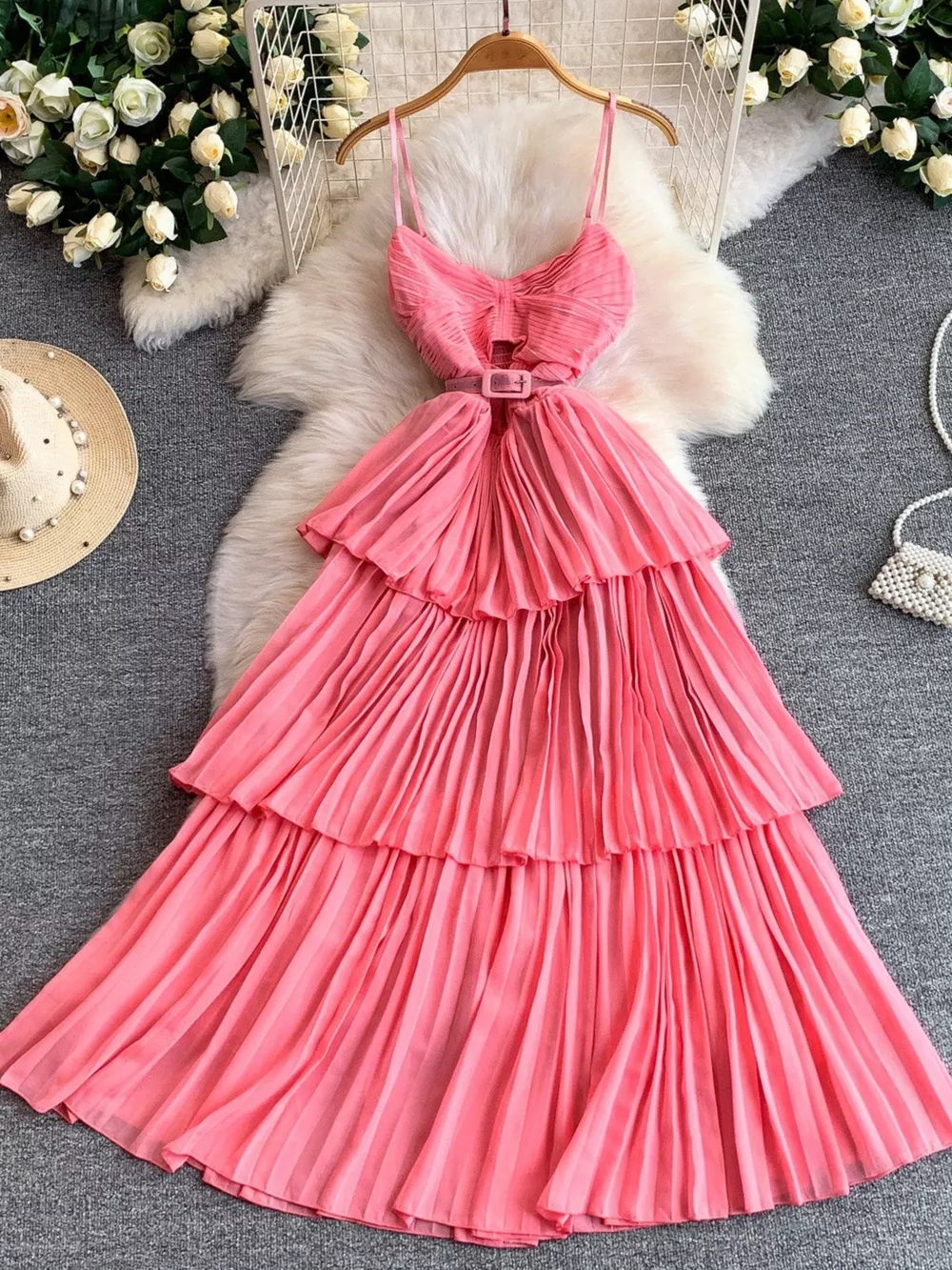 Pleated Layered Spaghetti Strap Midi Dress, image 2