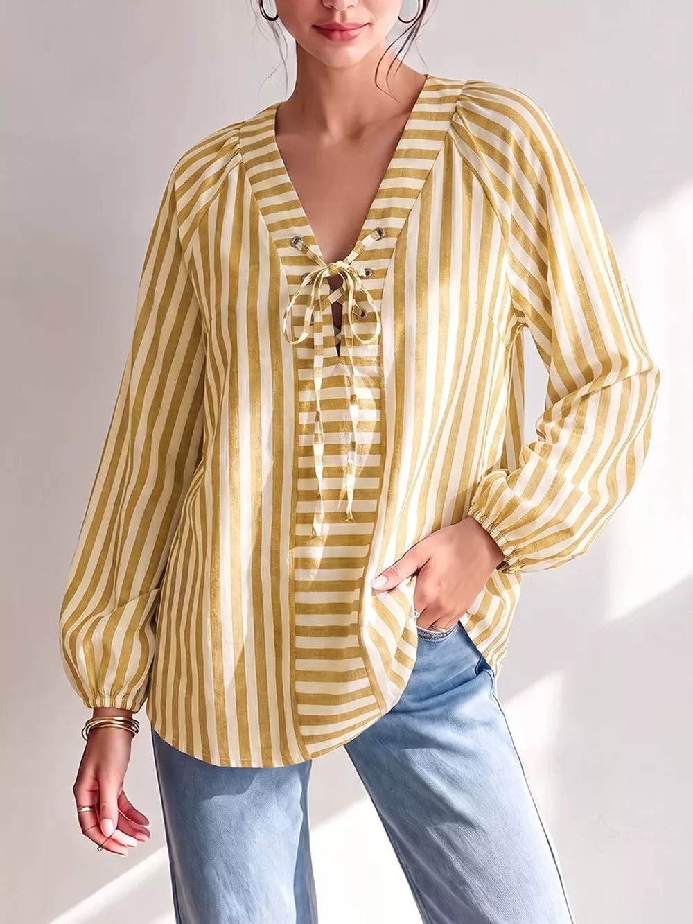 Striped Tie Front Long Sleeve Blouse, image 4