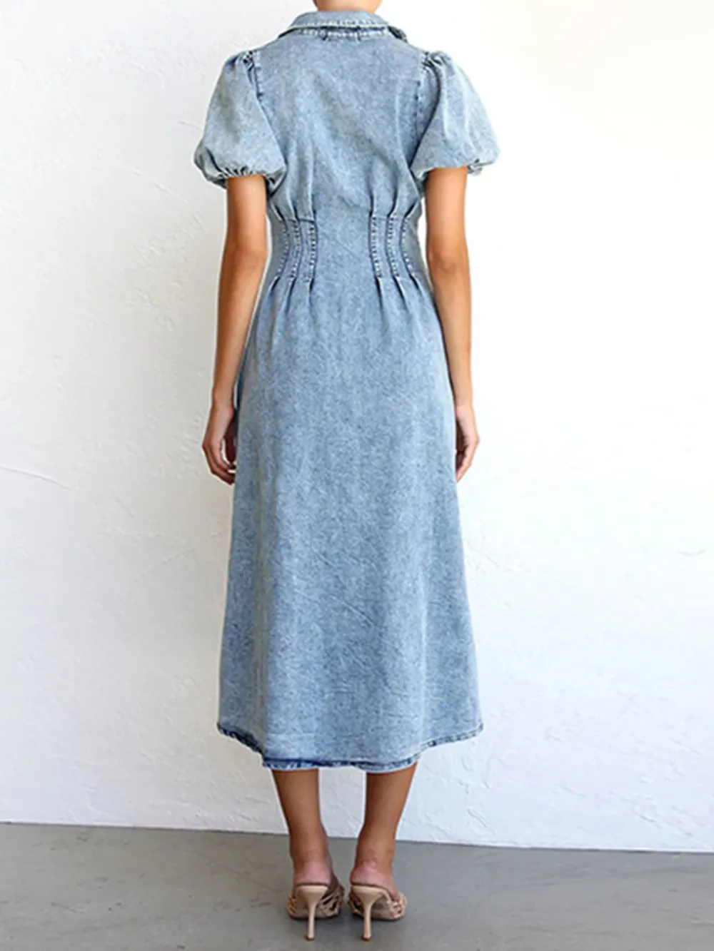 Puff Sleeve Button Front Denim Midi Dress, image 4