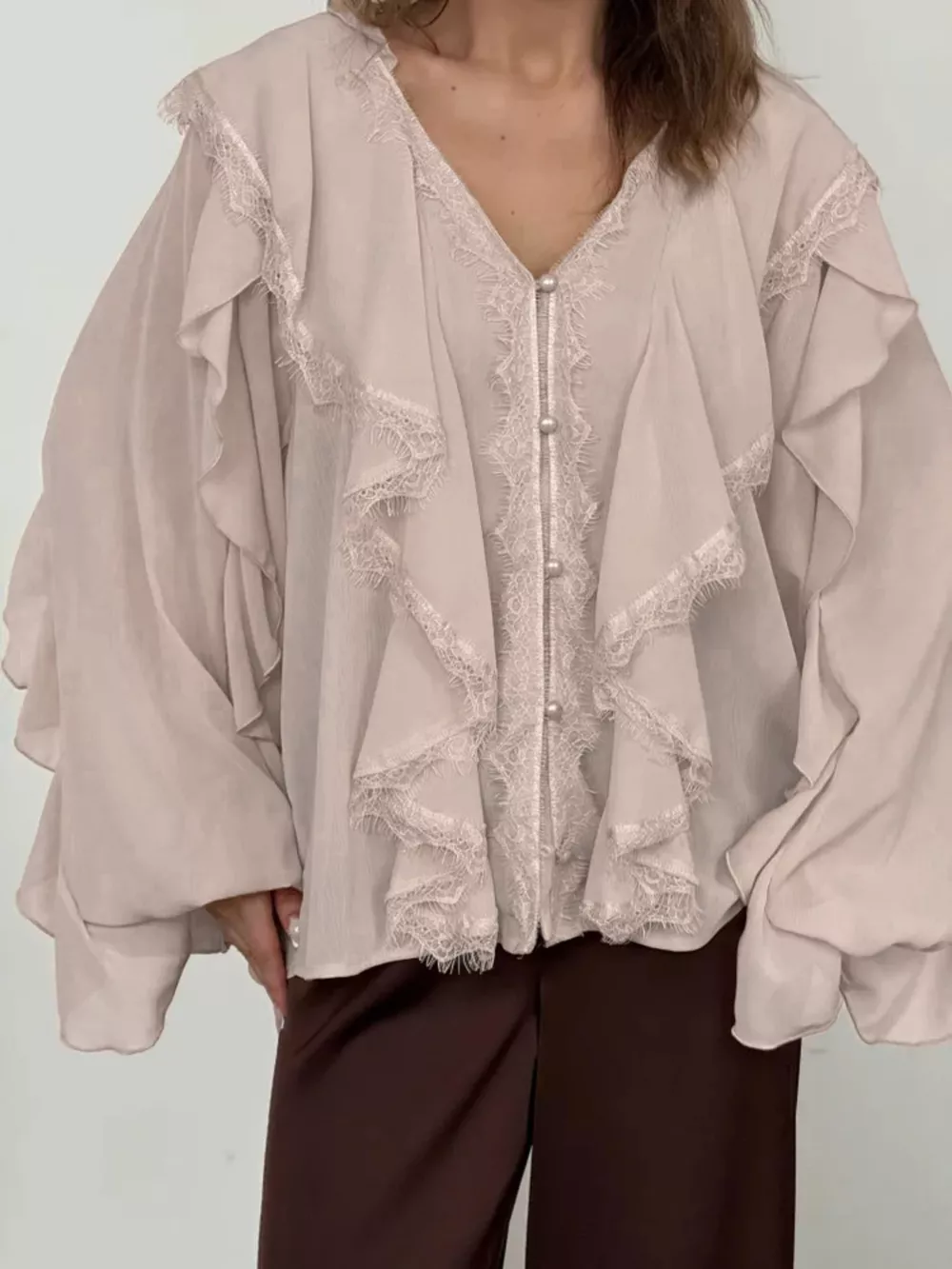V-Neck Ruffled Lace Trim Blouse, image 2