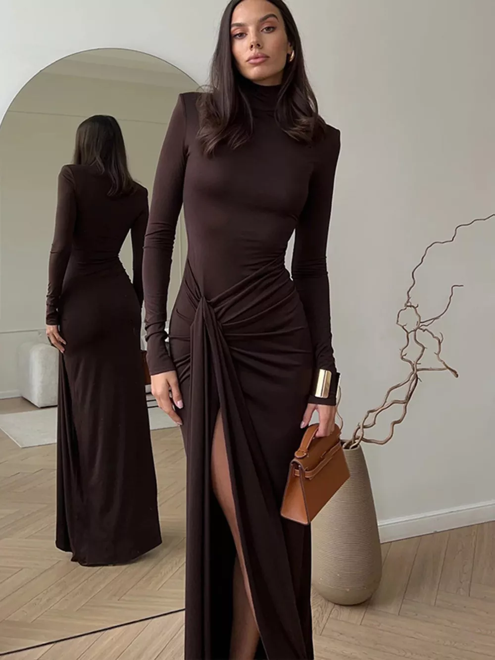 Turtleneck Long Sleeve Tie Waist Maxi Dress, image 3