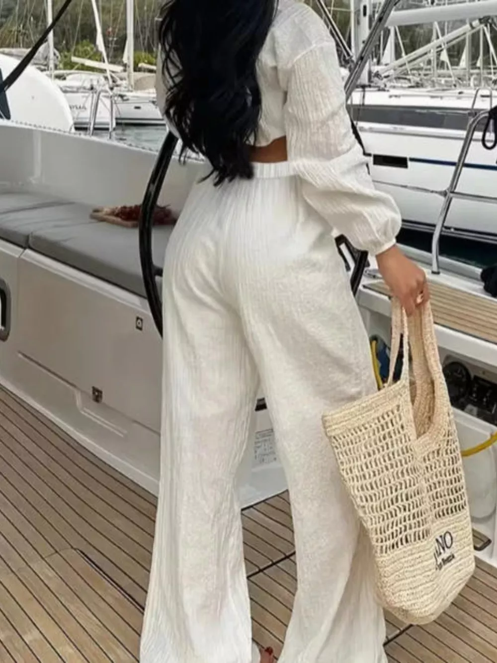 Textured Tie-Front Crop Top and Wide Leg Pants Set, image 3