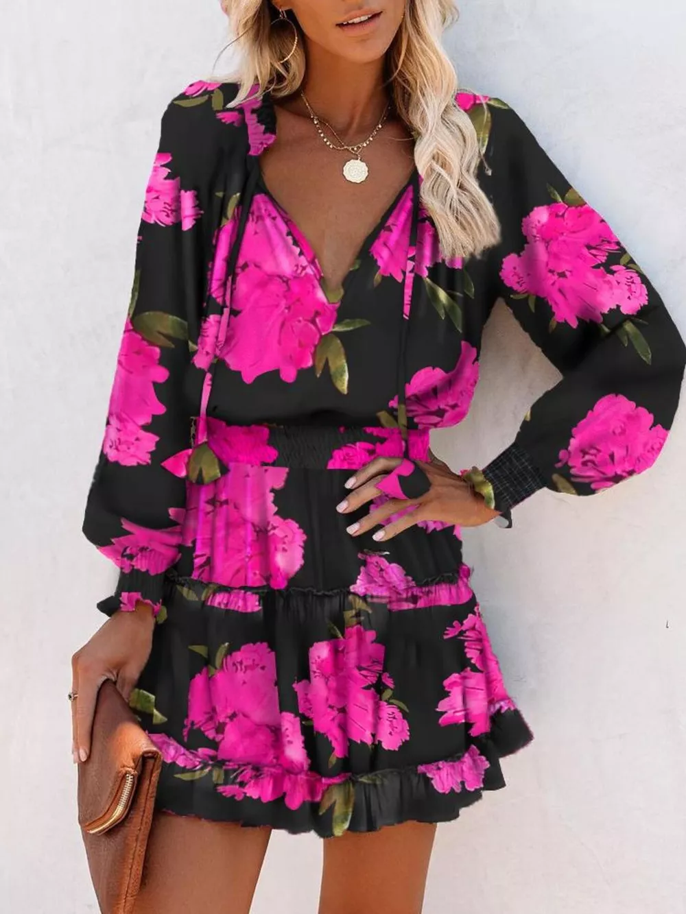 Tie Neck Lantern Sleeve Dress, image 11