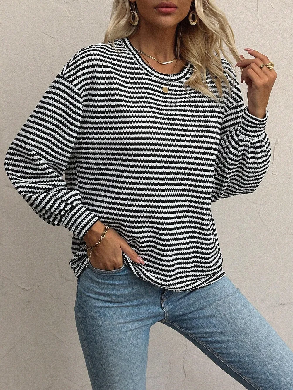 Striped Round Neck Lantern Sleeve Top, image 6