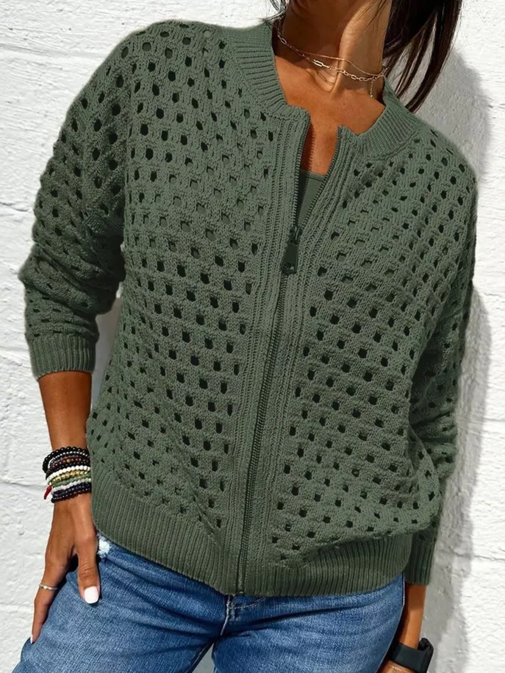 Full Size Zip Up Long Sleeve Cardigan with Eyelet Detail Plus Size, image 20