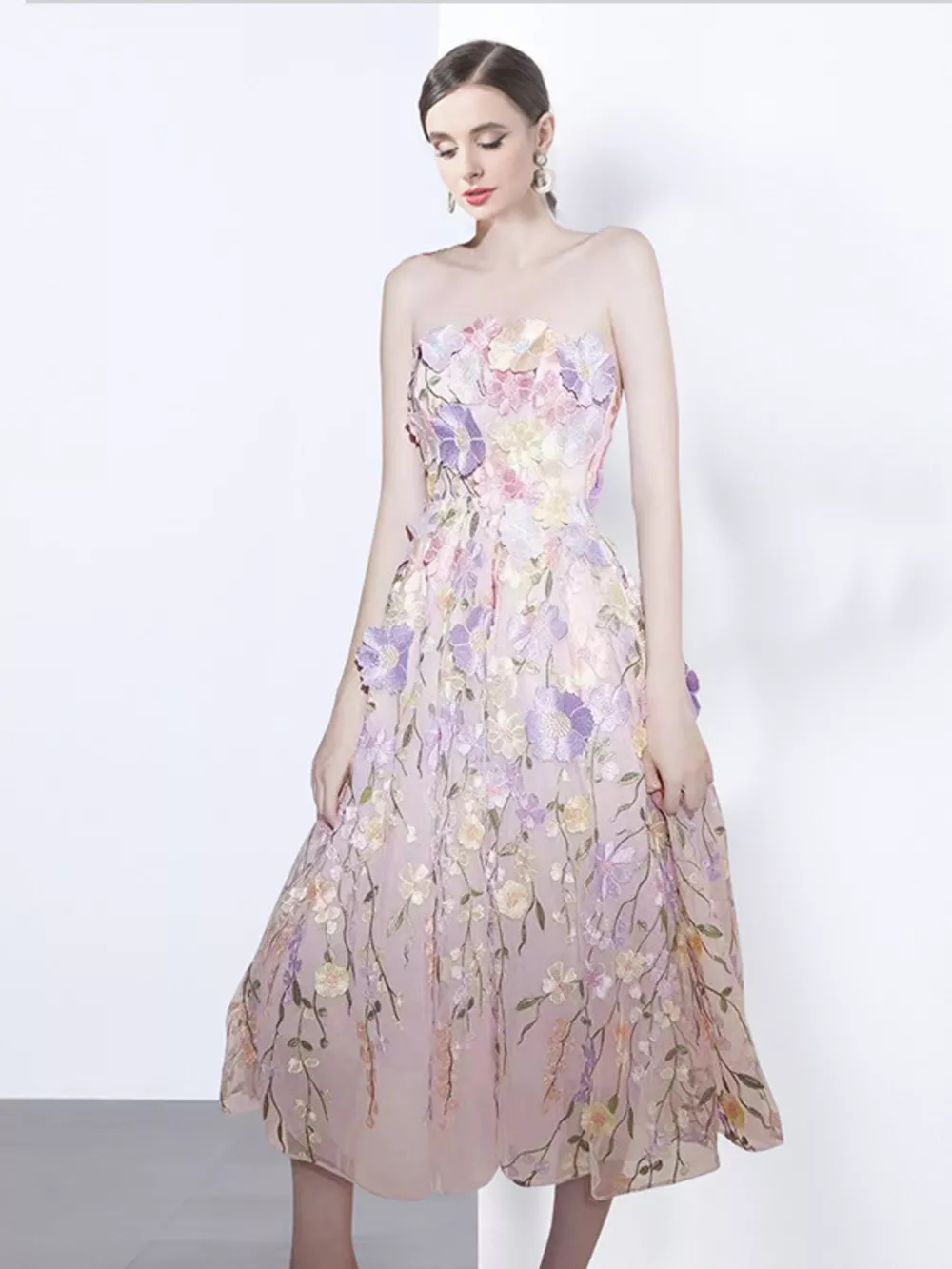 Strapless Floral Applique Midi Dress, image 7
