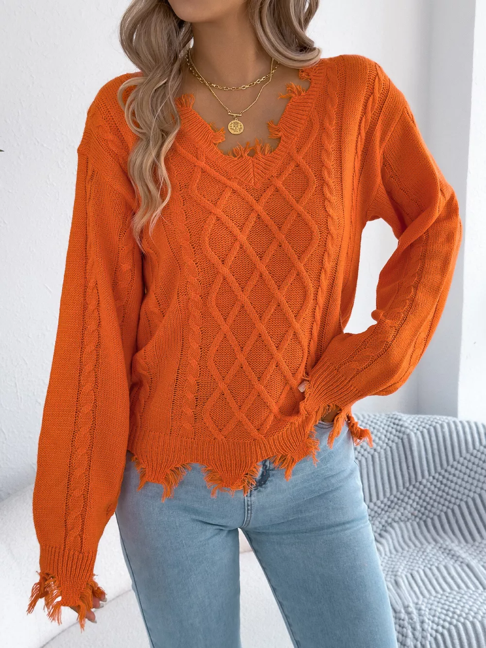 V-Neck Distressed Hem Cable Knit Sweater, image 6
