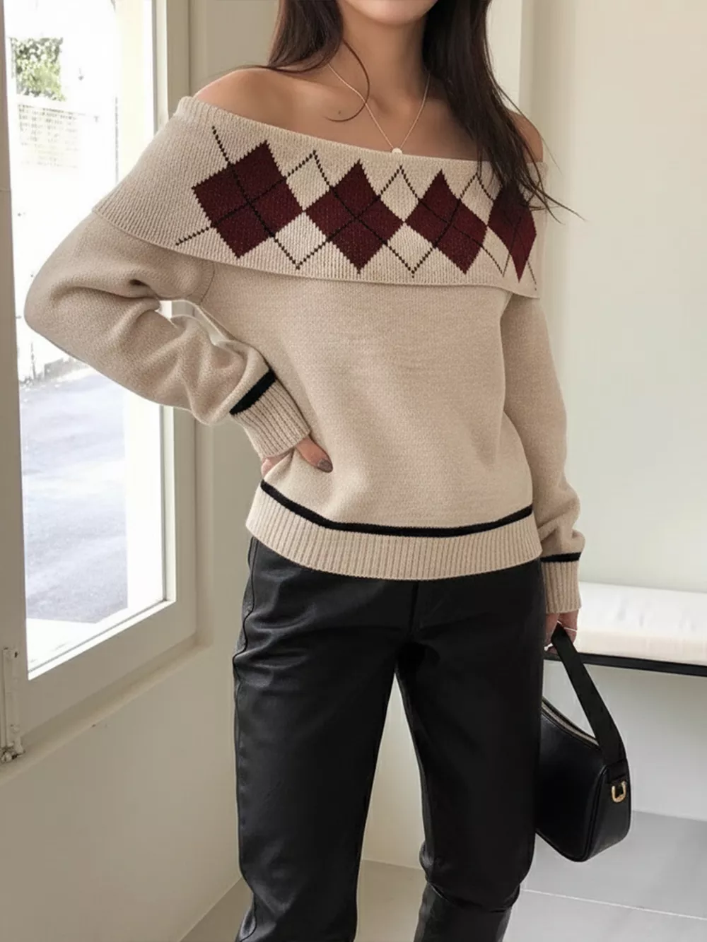 Off-Shoulder Argyle Pattern Sweater, image 6