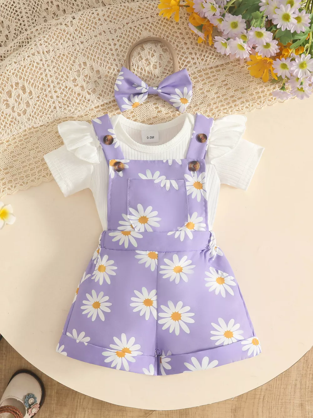 Children's Floral Print Overalls and Ribbed Top Set with Bow Headband, image 5