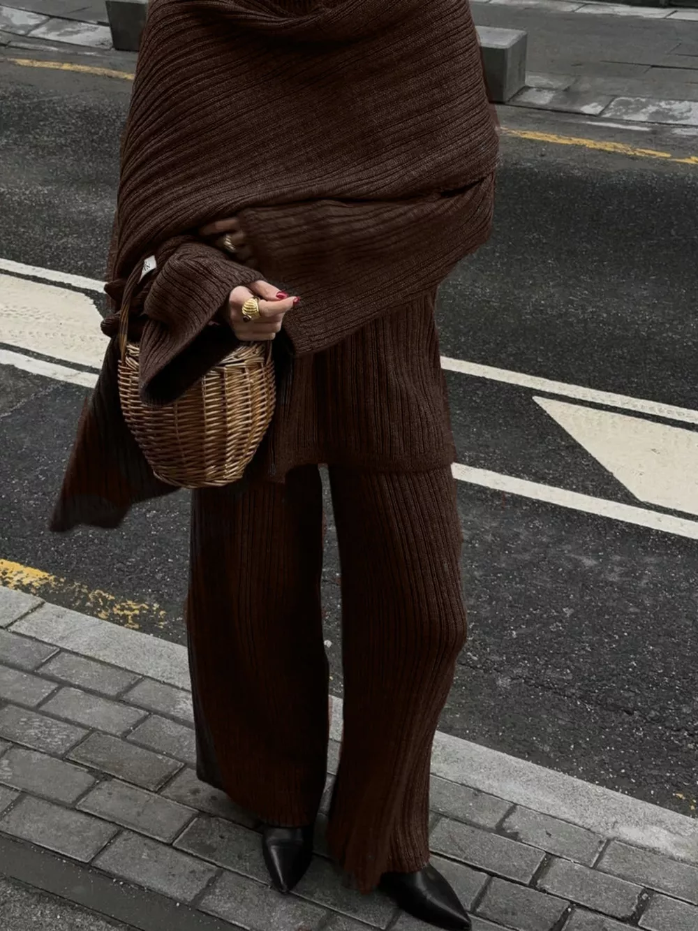 3-Piece Crew Neck Ribbed Sweater and Wide-Leg Pants Set with Scarf, image 24