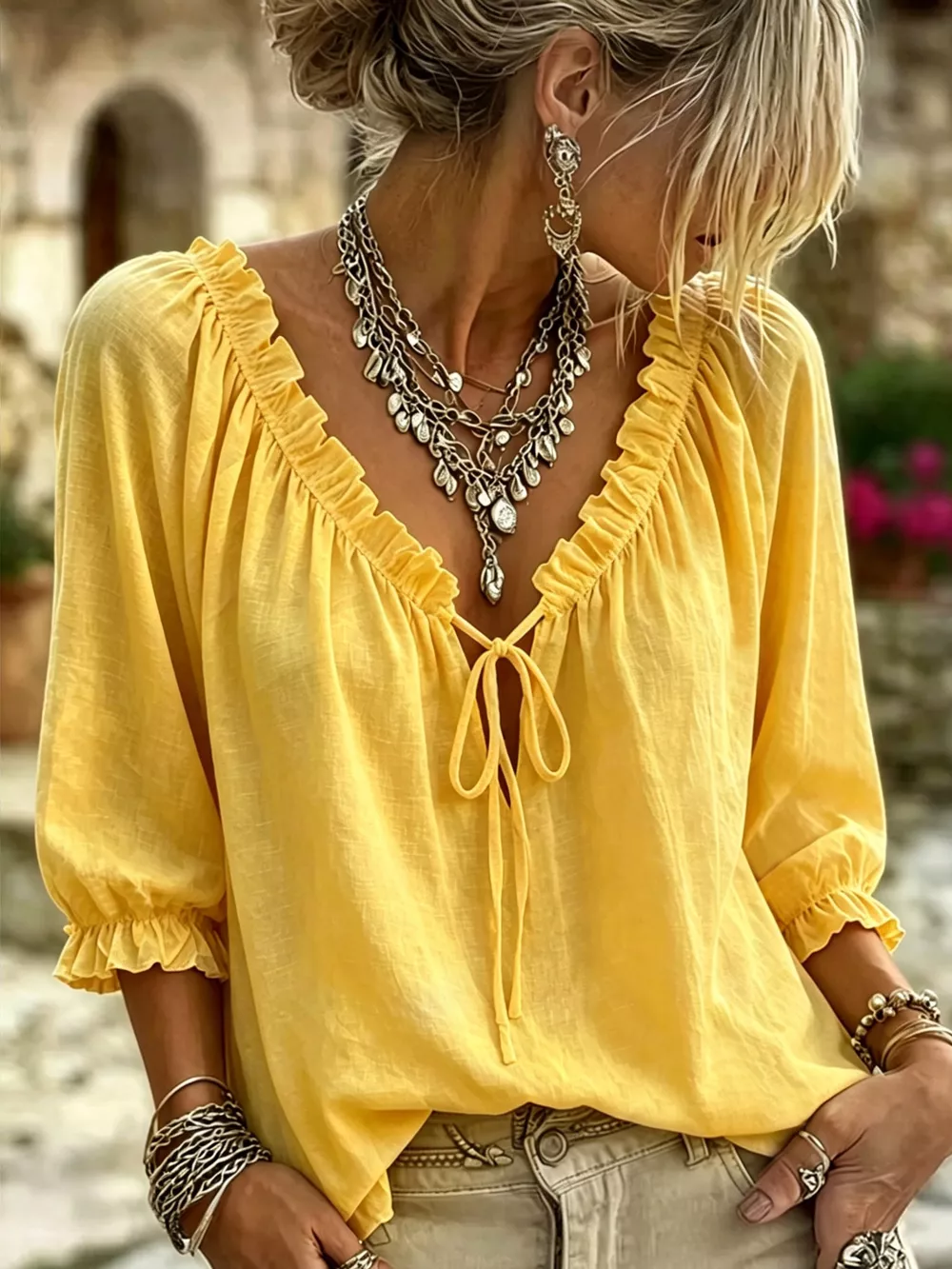 Frill Tie Neck 3/4 Sleeve Blouse, image 13
