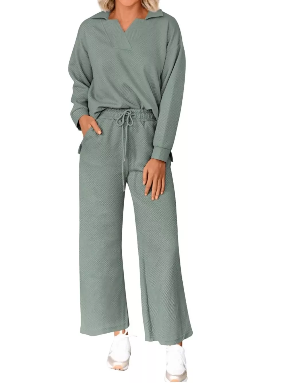 Side Slit Textured Top and Drawstring Pants Set, image 6