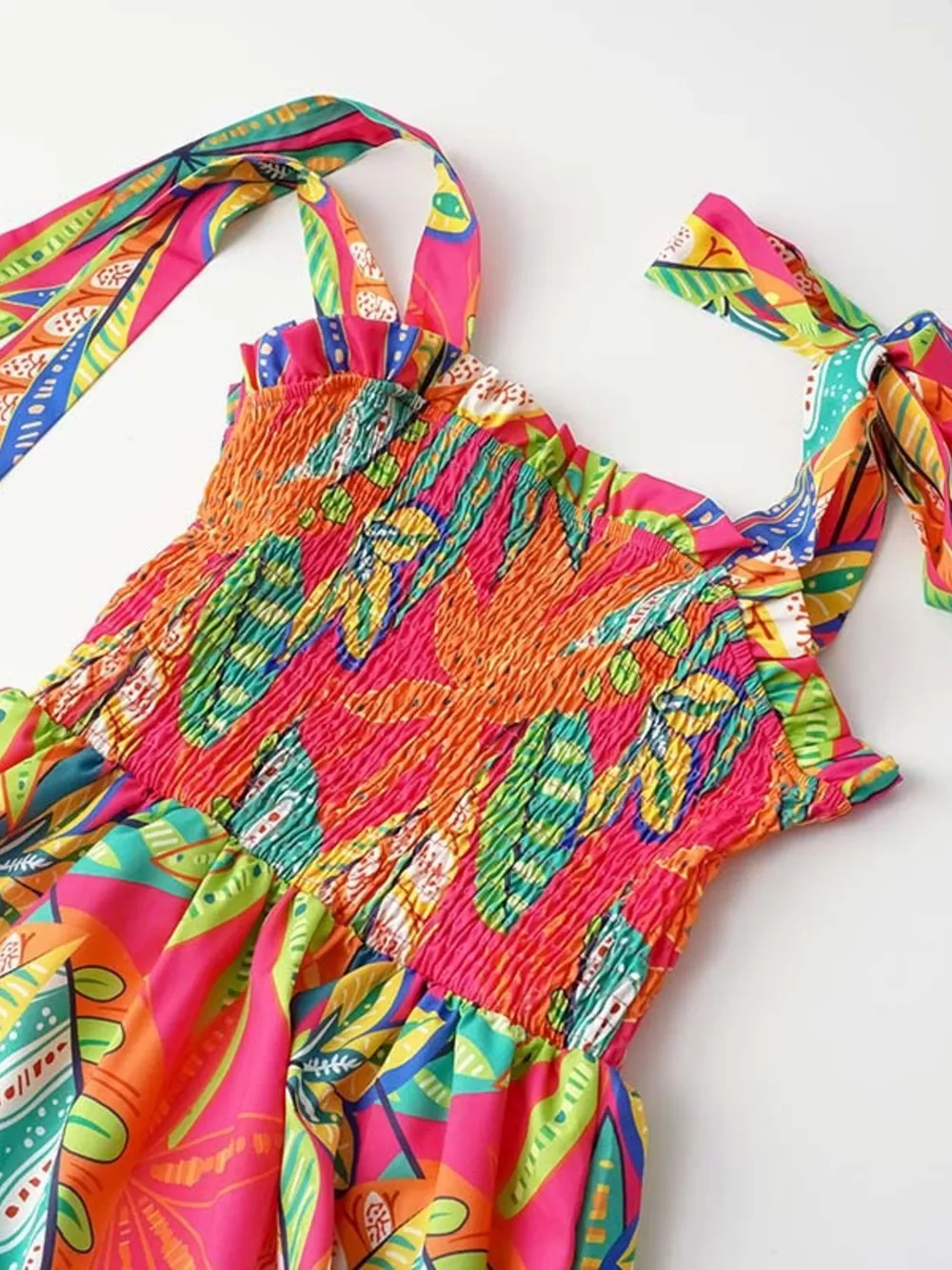 Tropical Print Smocked Tie-Strap Dress, image 7