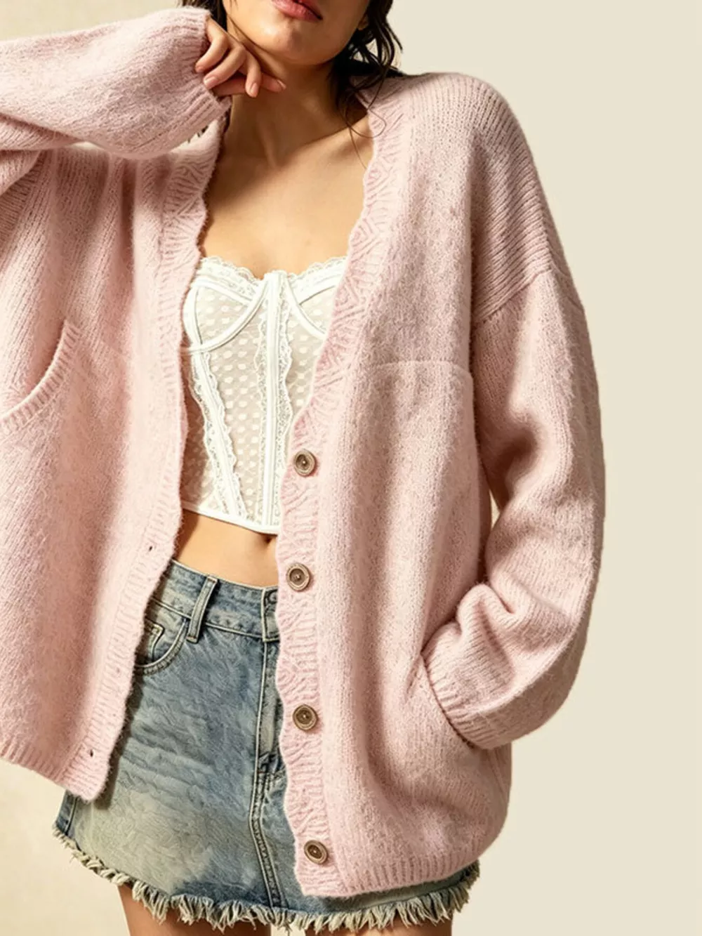 V-Neck Button-Down Knit Cardigan, image 9