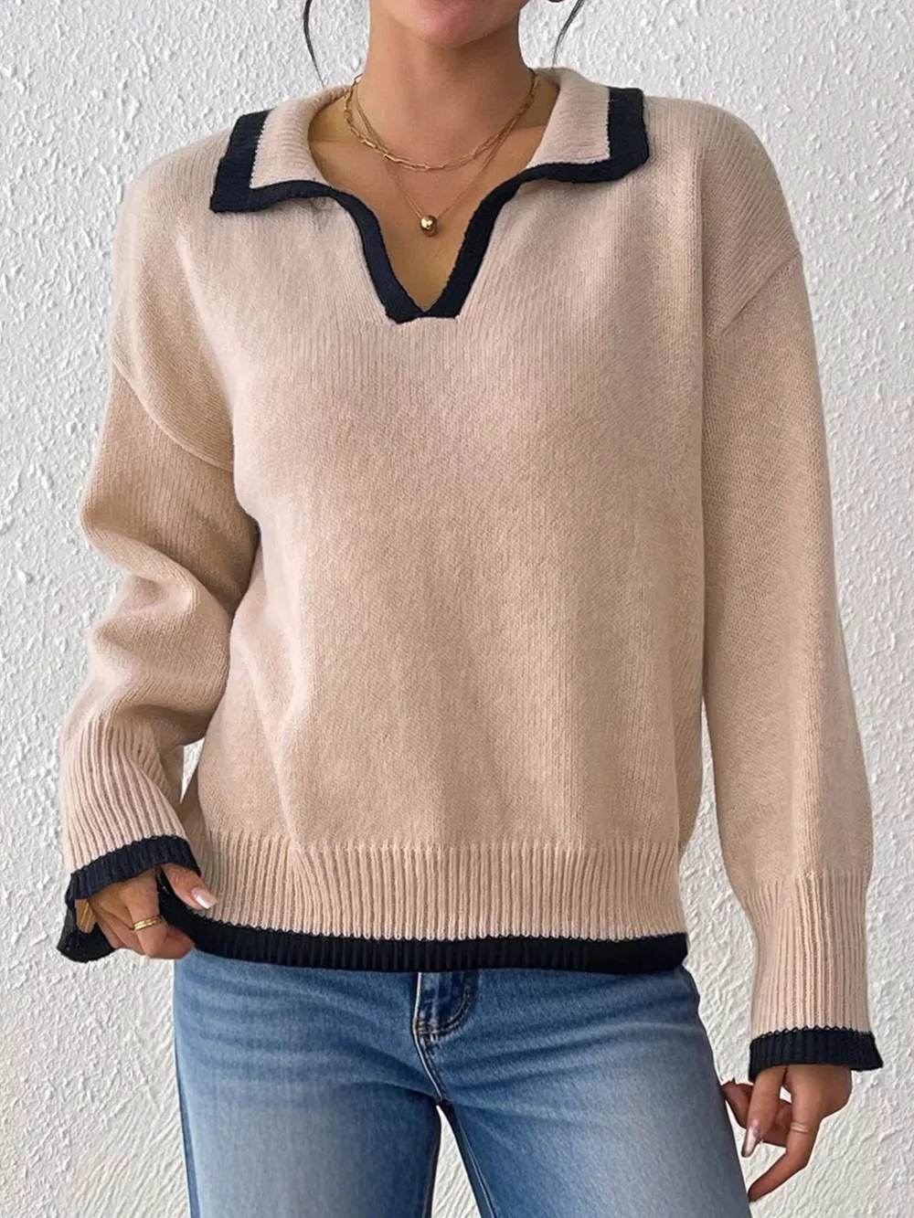 Contrast Trim Polo Collar Sweater, image 6